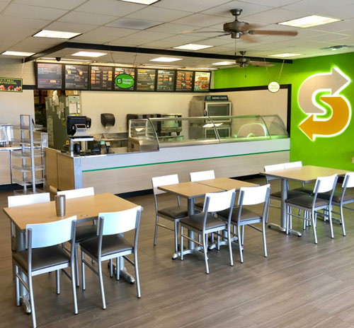 Remodeled interior of a Subway restaurant.
